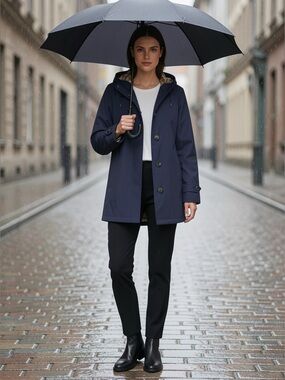 L.L.Bean Women’s Hooded Rain Jacket Blue Waterproof Coat Plaid Lining Size Large